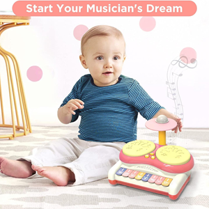 ست جاز و درام 3 در 1 کودک 2 طبلی صورتی Piano Keyboard Drum Set 3 in 1 Baby Musical Toys_اسباب بازی